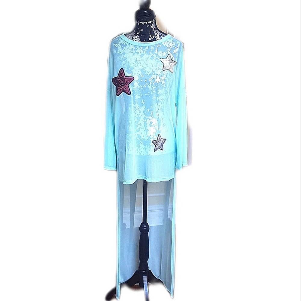 -New Sheer Aquamarine Star-Embellished Cover-Up